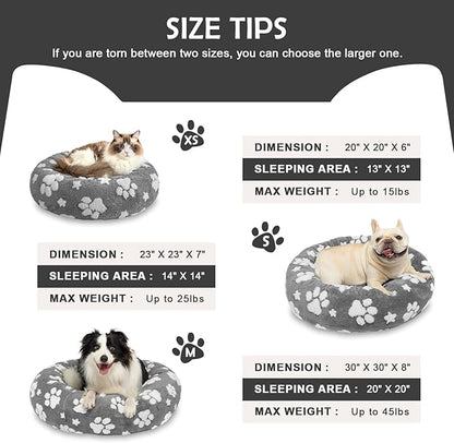 Donut Dog Beds for Medium Dogs, Calming Round Cat Beds for Indoor Cats, Cute 3D Textured Paw Pet Bed with Removable Washable Cover and Anti-Slip Bottom（Grey，30"） - PAWPICO