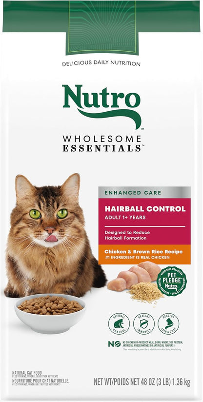 NUTRO WHOLESOME ESSENTIALS Adult Hairball Control Natural Dry Cat Food Farm-Raised Chicken & Brown Rice Recipe, 3 lb. Bag - PAWPICO