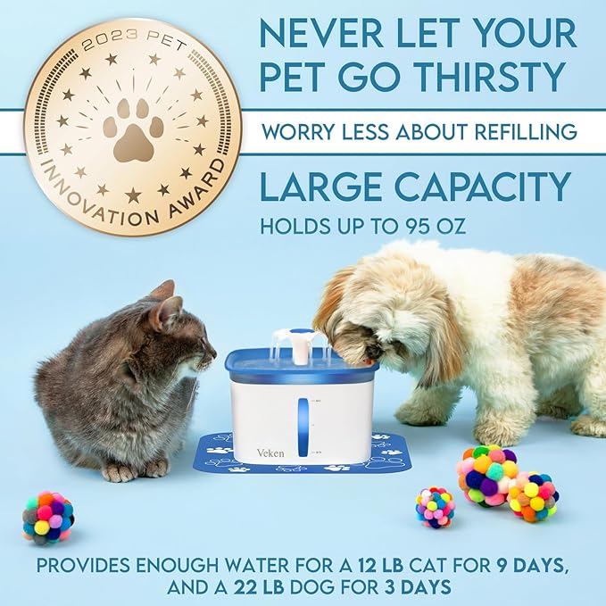 Veken 95oz/2.8L Pet Fountain, Automatic Cat Water Fountain Dog Water Dispenser with Replacement Filters for Cats, Dogs, Multiple Pets (Blue, Plastic) - PAWPICO