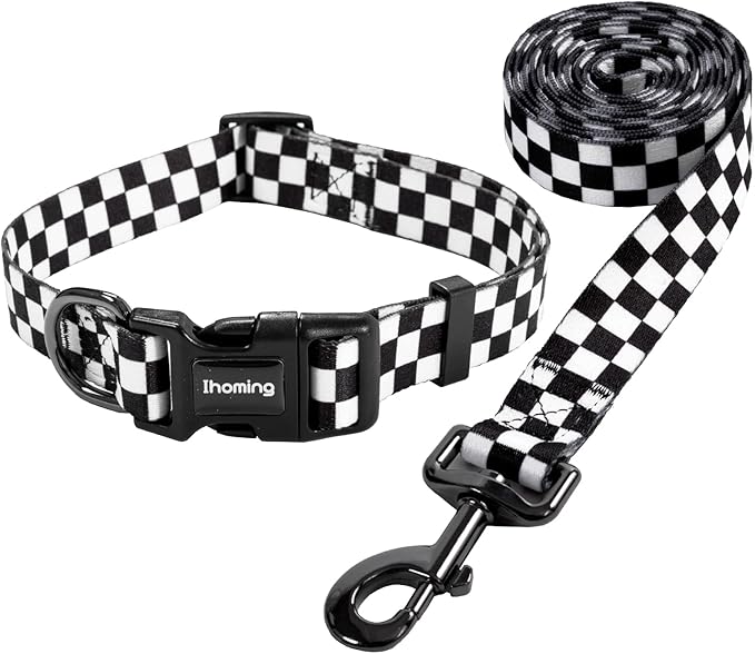 Ihoming Dog Collar and Leash Set for Daily Outdoor Walking Running Training, Chess Board Design for Large Boys Girls Dogs Cats Pets, L-Up to 80LBS Ihoming