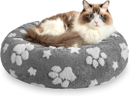 Donut Dog Beds for Small Dogs, Calming Round Cat Beds for Indoor Cats, Cute 3D Textured Paw Pet Bed with Removable Washable Cover and Anti-Slip Bottom（Grey，20"） - PAWPICO
