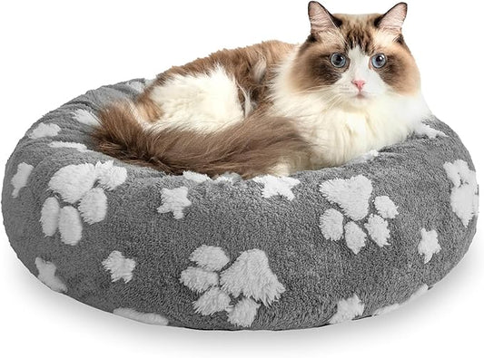 Donut Dog Beds for Small Dogs, Calming Round Cat Beds for Indoor Cats, Cute 3D Textured Paw Pet Bed with Removable Washable Cover and Anti-Slip Bottom（Grey，20"） - PAWPICO