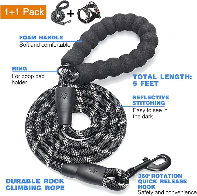 tobeDRI No Pull Dog Harness Adjustable Reflective Oxford Easy Control Medium Large Dog Harness with A Free Heavy Duty 5ft Dog Leash (XL (Neck: 21.5"-33", Chest: 30"-39.5"), Black Harness+Leash) - PAWPICO
