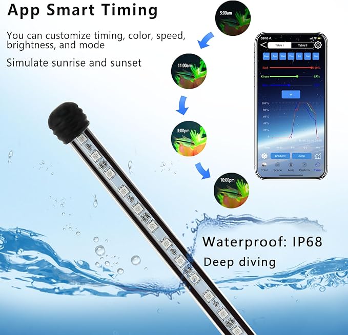 Smart Submersible Aquarium Light with App Timer, 15 Inches LED Fish Tank Light, RGB 16 Million Colors Changing, 7/24 On/Off Automatic, Aquarium Lighting Jenklight