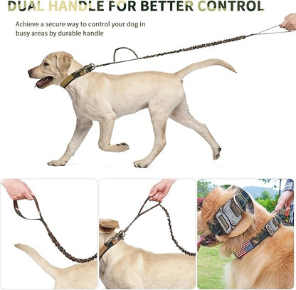 Tactical Dog Collar and Bungee Leash, Camo Military Dog Collar & Leash Set with USA American Flag Adjustable K9 Collar with Heavy Duty Metal Buckle & Handle,with Patches and Airtags Case (M, Camo) Celifelight