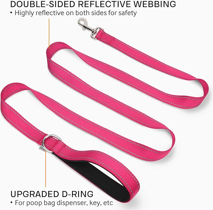 Joytale Double-Sided Reflective Dog Leash, 6 FT/5 FT/4 FT, Padded Handle Nylon Heavy Duty Leashes for Small & Medium Dogs Walking, Hotpink, 6FT Joytale