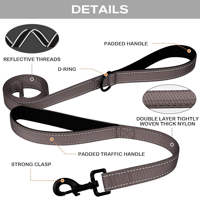 Joytale Dog Leash Heavy Duty for Large Dogs That Pull, Double Handle for Traffic Control, Double-Sided Reflective Leashes for Large Medium Dogs Night Safety, 5FT, Brown Joytale