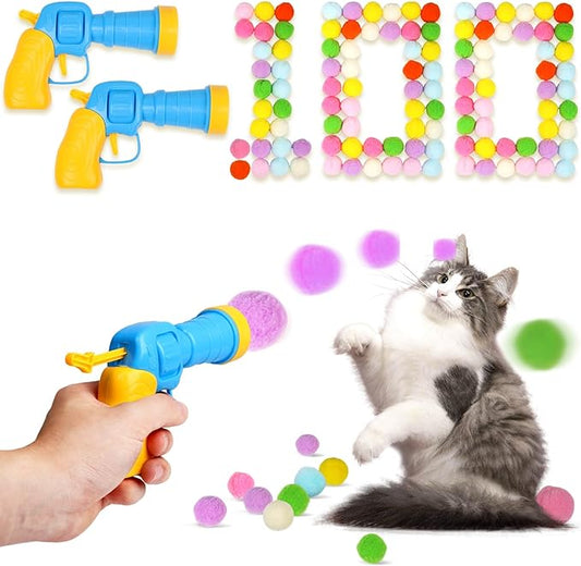 Cat Toy Balls with Launchers Set (2+100), 100 Cat Pom Pom Balls & 2 Cat Toy Ball Launchers (Durable Reinforced Edition), Cat Enrichment Toys, Interactive Cat Toy Balls, Soft & Safe Cat Toys - PAWPICO