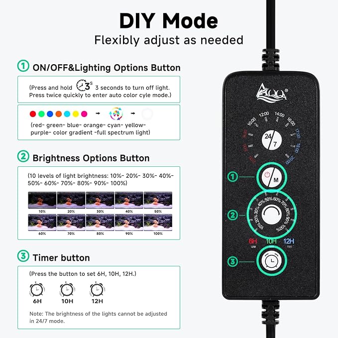 AQQA LED Aquarium Light, 24/7 Mode IP68 Waterproof Extendable Bracket Fish Tank Light, DIY Mode Full Spectrum Aquarium Plant Light, Adjustable Timer/Brightness Memory Function for 40-48 Inch Fish Tank AQQA