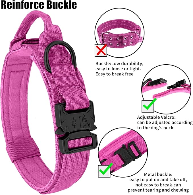 Tactical Dog Collar - Military Dog Collar, Adjustable Heavy Duty Metal Buckle Nylon Dog Collar with Control Handle for Small Medium Large Dogs, (Pink, L) ANTSWISH