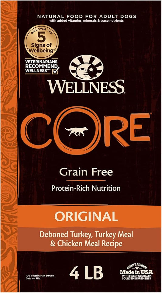 Wellness CORE Grain-Free High-Protein Dry Dog Food, Natural Ingredients, Made in USA with Real Meat, All Breeds, For Adult Dogs (Original Turkey & Chicken, 4-Pound Bag) - PAWPICO