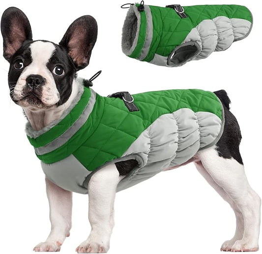 FUAMEY Dog Coat,Warm Dog Jacket Winter Coat Paded Dog Fleece Vest Reflective Dog Cold Weather Coats with Built in Harness Waterproof Windproof Dog Snow Jacket Clothes with Zipper Green Small - PAWPICO