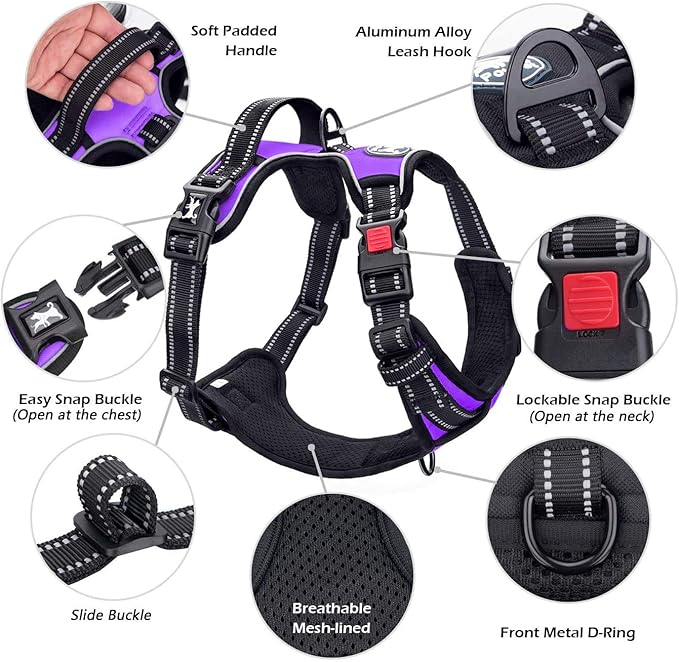 PoyPet No Pull Dog Harness, No Choke Front Clip Dog Reflective Harness, Adjustable Soft Padded Pet Vest with Easy Control Handle for Small to Large Dogs(Purple,L) PoyPet