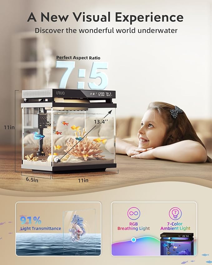 Fish Tank Smart Aquarium Kit: 2 Gal UHD Glass Silent Water Pump Self Cleaning System Temperature Monitoring Essential Oil Diffuser with Humidifier 7 Color Lights Multi-Layer Filtration System Black URUQ