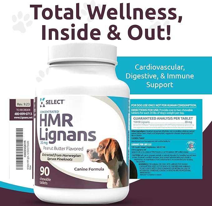 K9 Select HMR Lignans for Dogs - Enhancer for Overall Wellness, Immune Support for Dogs - Norway Spruce Extract Holistic Dog Health - Digestion, & Coat Care - Peanut Butter, 20mg, 90 Tablets LignansForLife