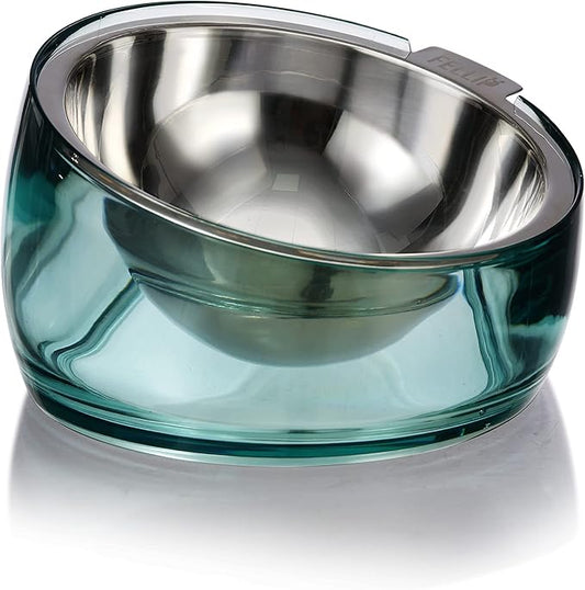 Felli Pet Oblik Spill Proof Dog Food Bowl Raised with Acrylic Cone, Slanted Stainless Steel Oval Dish Pet Friendly Design, Angled Metal Feeder Elevated Non Slip for Frenchie Bulldog (1.5Cup, Classic) - PAWPICO