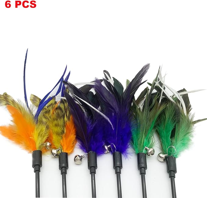 Cat Wand Toy Feather Stick Cat Toys, 6 PCS Cat Toy Feather Wand for Indoor Cats Play Exercise - PAWPICO