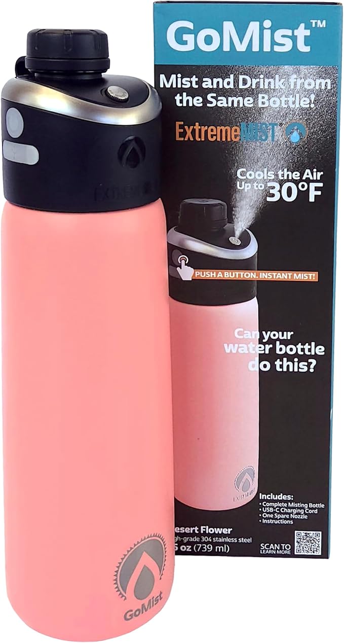 GoMist Misting & Drinking Bottle | Rechargeable Mist & Sip Water Bottle | Quick Charge USB-C Port | 2-Speed Mist Function | Stainless-Steel Double Wall Insulation (Desert Flower) ExtremeMist