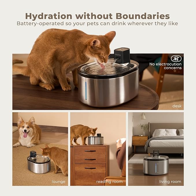 Wireless Cat Water Fountain Stainless Steel, 152oz/4.5L Cat Fountain Battery Operated, Cordless Pet Water Fountain for Cats & Dogs with Motion Sensor, Ultra Quiet Pump, Multi-Filtration - PAWPICO
