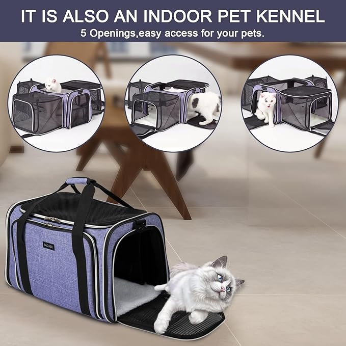BAGLHER Cat Carrier Bag,Airline Approved Pet Carrier Soft Side Pet Travel 5 Sides Open Doors 3 Sides Expandable Foldable Dog Carrier with Fleece Pad - PAWPICO