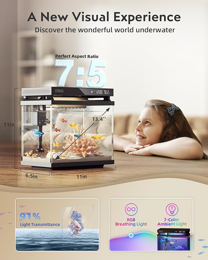 Fish Tank Smart Aquarium Kit: 2 Gallon UHD Glass Silent Water Pump Self Cleaning Multi-layer Filtration System - Temperature Sensing 7-color Lighting for Small Fish Betta Kids Room Desktop Decor Black URUQ
