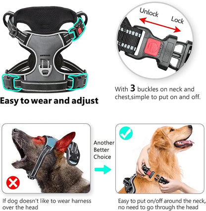 Timos Dog Harness Small Sized, No Pull Dog Harness with Neck Lockable Snap,No Choke Front Clip Dog Reflective Harness,Adjustable Metal Rings 3 Buckles,Easy Control Handle for Small Dogs Gray S Timos