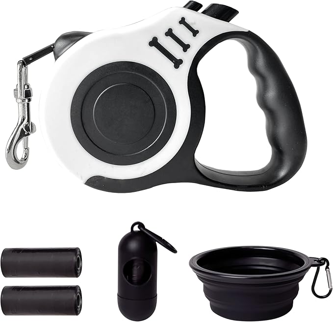 Retractable Dog Leash Automatic Telescopic Tractor Dog Tape, Pet Tape 10/16 FT Durable and Convenient, with Folding Bowl, Dispenser, Rubbish Bags, Suitable for Small and Medium Dogs LIEVUIKEN
