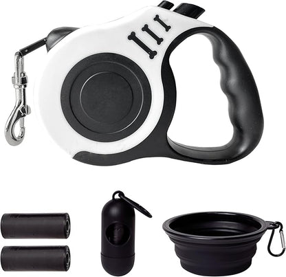 Retractable Dog Leash Automatic Telescopic Tractor Dog Tape, Pet Tape 10/16 FT Durable and Convenient, with Folding Bowl, Dispenser, Rubbish Bags, Suitable for Small and Medium Dogs LIEVUIKEN