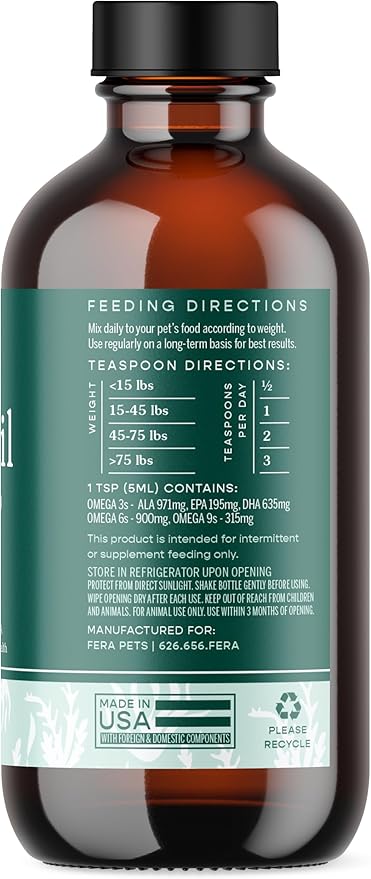 Fera Pet Organics Plant-Based Omega 3 Supplement for Dogs & Cats – Vet Created - Skin, Coat & Immunity – Vegan Omega 3 - EPA, DHA & ALA – 8oz, 48 Servings FeraPets