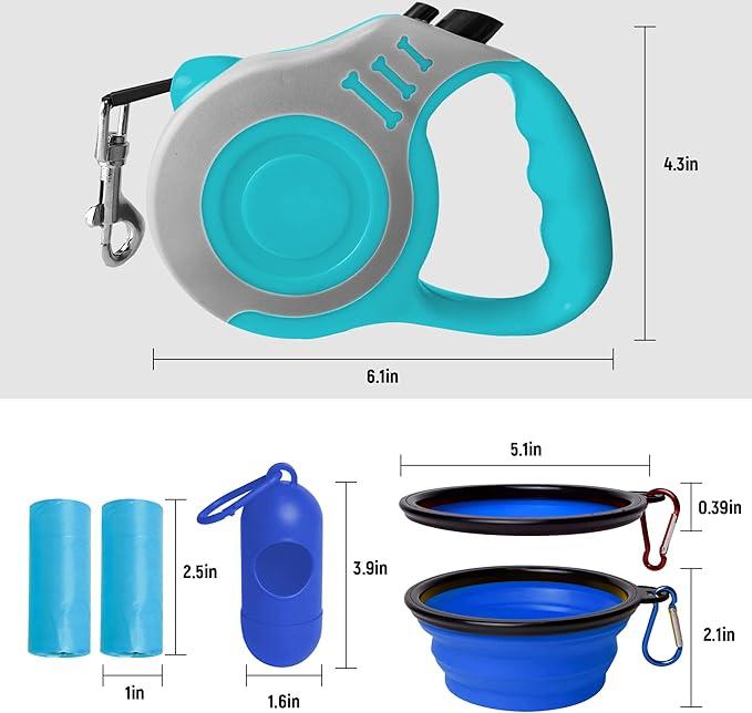 Retractable Dog Leash Automatic Telescopic Tractor Dog Tape, Pet Tape 10/16 FT Durable and Convenient, with Folding Bowl, Dispenser, Rubbish Bags, Suitable for Small and Medium Dogs - PAWPICO