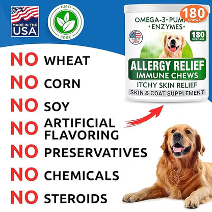 BARK&SPARK Dog Allergy Relief Chews (180 Immune Treats) - Anti-Itch Skin & Coat Supplement - Omega 3 Fish Oil - Itchy Skin Relief Treatment Pills - Itching&Paw Licking - Dry Skin & Hot Spots BARKSPARK