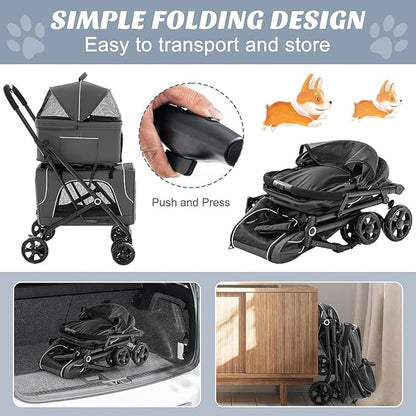 Double Dog Stroller, Foldable 3-in-1 Cat Stroller with 2 Detachable Carriers, Safety Belt, Washable Cover, Removable Pads, 4 Wheels Travel Pet Stroller for Small Medium Dogs (Grey) - PAWPICO