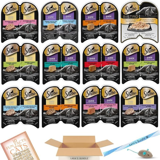 LarasBundle Sheba Cat Food Wet Variety Pack | Includes Sheba Pate Cat Food and Sheba Cuts in Gravy Wet Cat Food | 24 Servings - 12 Packs of Sheba Perfect Portions Bundled Booklet and Toys - PAWPICO
