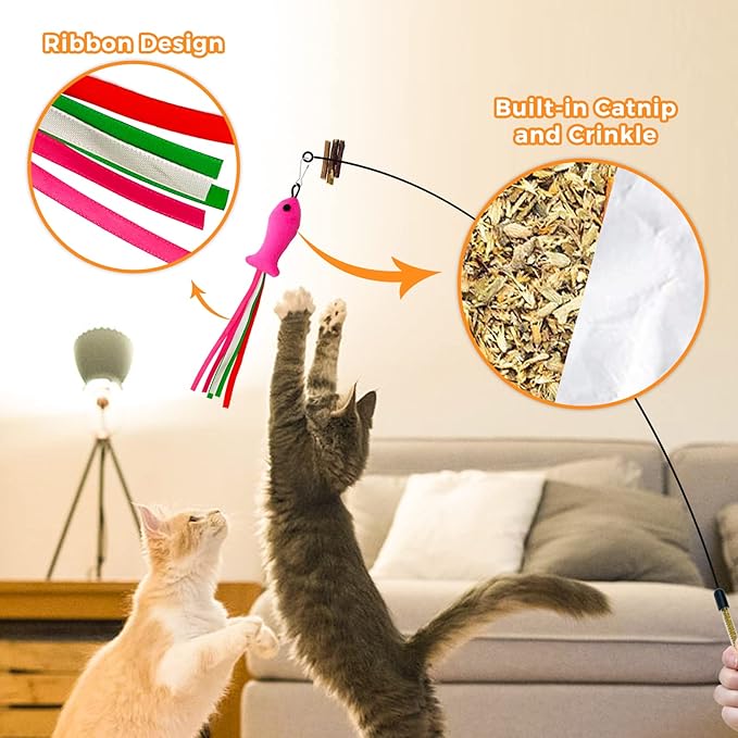 Cat Wand Toy, Cat Feather Toys with Silvervine & Bells, 2 * Cat Teaser Wand & 6 * Teaser Refills, Extra Long 38.5" Wire Cat Wand, Cat Toy for Indoor Cats & Kitten & Kitty - PAWPICO