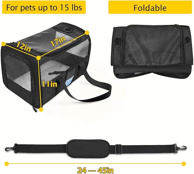 Refrze Pet Carrier Airline Approved, Cat Carriers for Medium Cats Small Cats, Soft Dog Carriers for Small Dogs Medium Dogs, TSA Approved Pet Carrier for Cats Dogs of 15 Lbs, Puppy Carrier,Black - PAWPICO