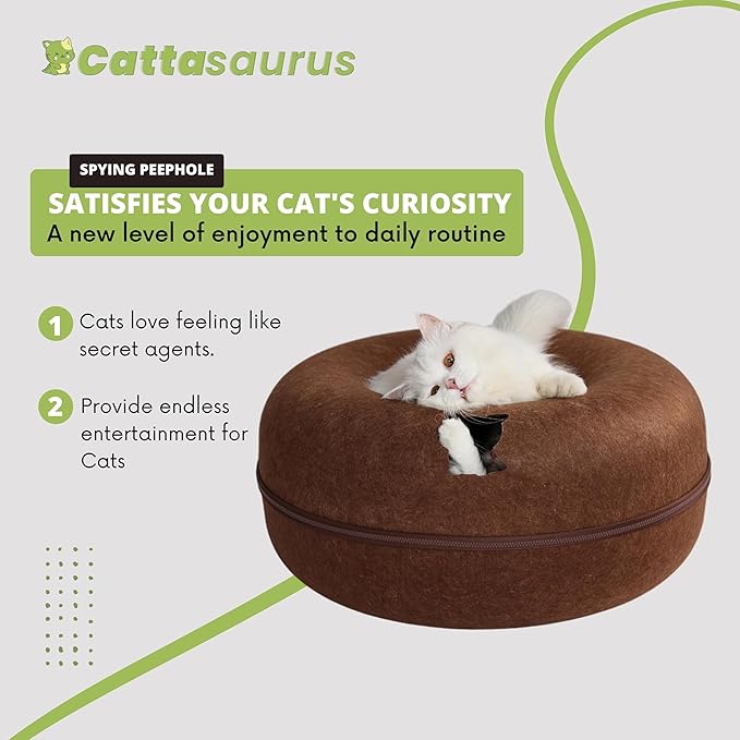 CATTASAURUS Peekaboo Cat Cave for Multiple & Large Cats Up to 30-45 Lbs, Scratch Detachable & Washable Tunnel Bed, Comfy Donut Cat Cave (Brown, Large) - PAWPICO