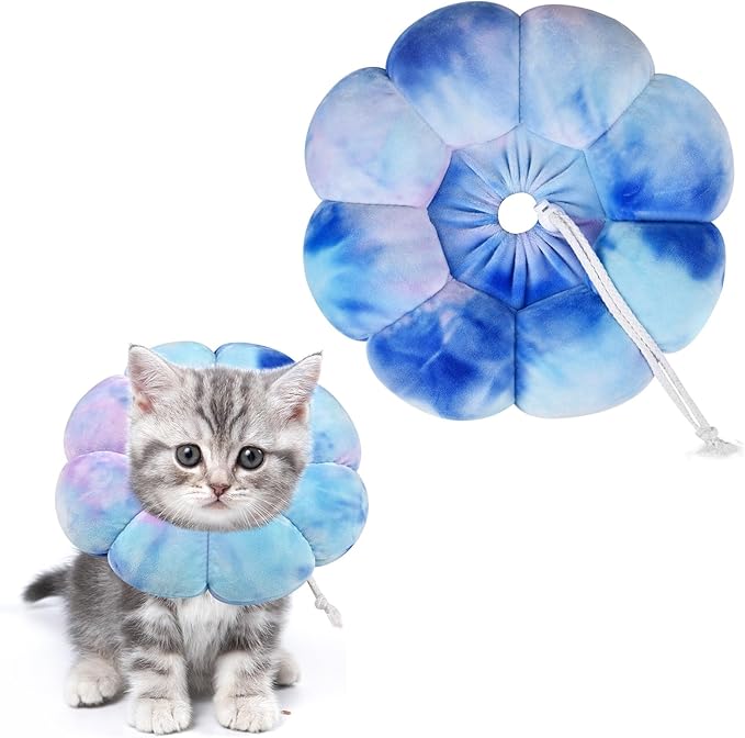 Flower Cat Cone, Uadonile Adjustable Cat Cone Collar, Soft Dog Elizabethan Collar Recovery E Collar After Surgery, Recovery E-Collar for Kittens/Puppies and Cats Recovery(Tie-dye Purple Blue, S) Uadonile