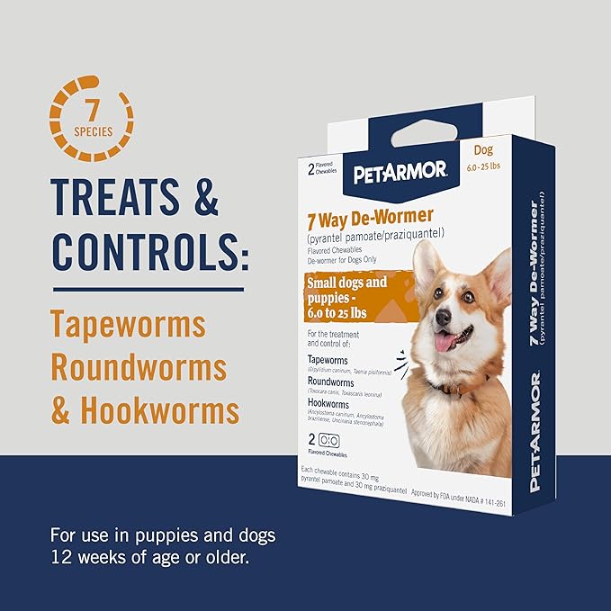 PetArmor 7 Way De-Wormer for Dogs, Oral Treatment for Tapeworm, Roundworm & Hookworm in Small Dogs & Puppies (6-25 lbs), Worm Remover (Praziquantel & Pyrantel Pamoate), 2 Flavored Chewables PetArmor