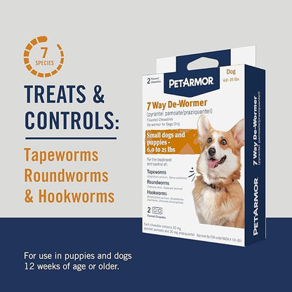 PetArmor 7 Way De-Wormer for Dogs, Oral Treatment for Tapeworm, Roundworm & Hookworm in Small Dogs & Puppies (6-25 lbs), Worm Remover (Praziquantel & Pyrantel Pamoate), 2 Flavored Chewables PetArmor