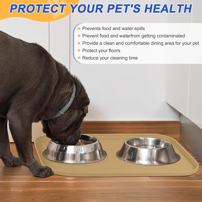 Silicone Pet Feeding Mat with Raised Edge, Dog Cat Bowl Mats for Food and Water, Pet Placemat for Floors Waterproof, 24” x 16” x 0.8” Beige - PAWPICO