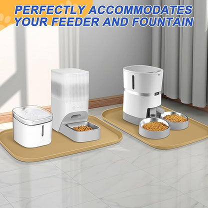 Silicone Pet Feeding Mat with Raised Edge, Dog Cat Bowl Mats for Food and Water, Pet Placemat for Floors Waterproof, 22” x 14” x 0.8” Beige - PAWPICO