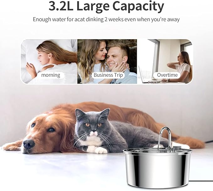 Tomxcute Cat Water Fountain, 3.2L/108oz Automatic Stainless Steel Pet Fountain Dog Water Dispenser, Ultra-Quiet Pump and 3 Replacement Filters & for Cats, Dogs, Multiple Pets - PAWPICO