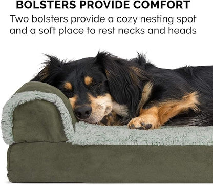 Furhaven Orthopedic Dog Bed for Large Dogs w/ Removable Bolsters & Washable Cover, For Dogs Up to 95 lbs - Two-Tone Plush Faux Fur & Suede L Shaped Chaise - Dark Sage, Jumbo/XL - PAWPICO