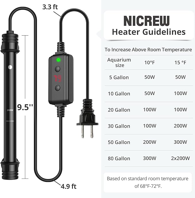 NICREW Aquarium Heater 200W, Temperature Adjustable Fish Tank Heater with Controller for 30-50 Gallon, Overheat Protection NICREW