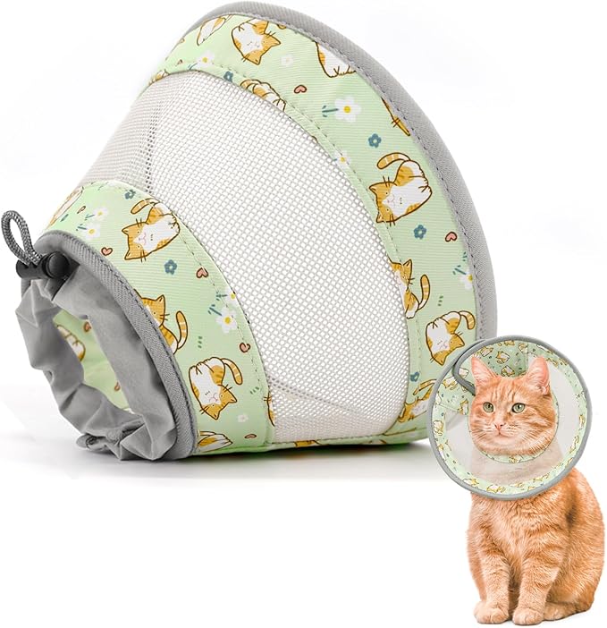 Cat Cone, Breathable Cat Cone Collar Soft, Adjustable Cat Cone to Stop Licking, Water Resistant Neck Cone for Cats with Air Mesh, Protective Cat Recovery E Collar for Cat Kitten（Green Cat,S GoGoPaw