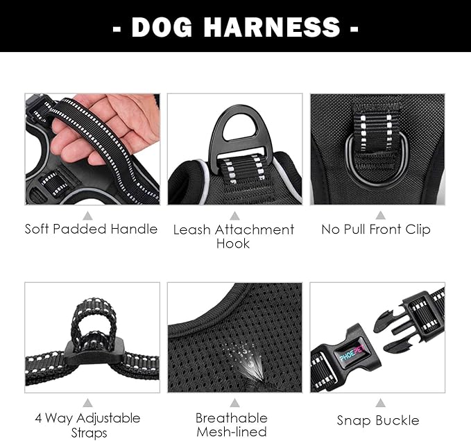 PHOEPET No Pull Dog Harnesses for Small Dogs Reflective Adjustable Front Clip Vest with Handle 2 Metal Rings 3 Buckles [Easy to Put on & Take Off](XS, Black) PHOEPET