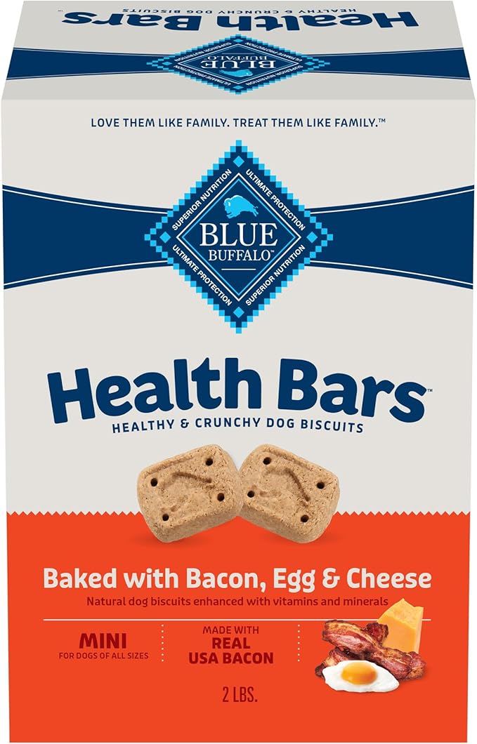 Blue Buffalo Mini Health Bars Crunchy Dog Biscuits, Oven-Baked With Natural Ingredients, Bacon, Egg & Cheese, 2-lb Box - PAWPICO