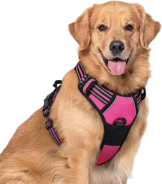 rabbitgoo Dog Harness No Pull with 2 Leash Clips, Adjustable Soft Padded, Reflective Oxford No Choke Pet Vest with Easy Control Handle for Large Dogs, Hot Pink, XL rabbitgoo