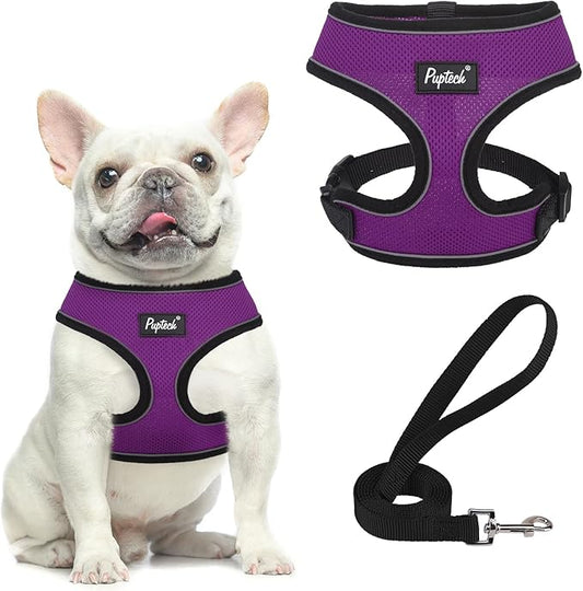 PUPTECK Soft Mesh Dog Harness and Leash Set Pet Puppy Cat Comfort Padded Vest No Pull Harnesses, Solid Purple, M PUPTECK