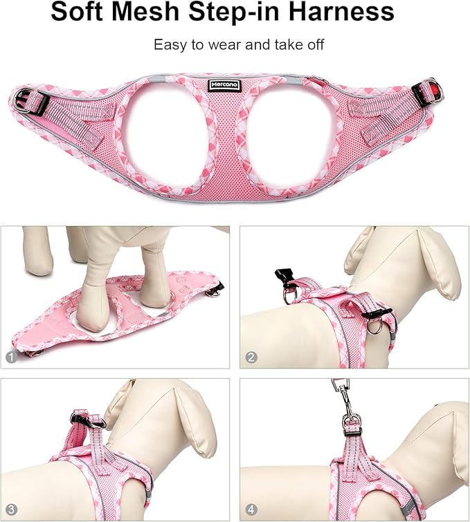 Mercano Soft Mesh Dog Harness and Leash Set, No-Chock Step-in Reflective Breathable Lightweight Easy Walk Escape Proof Vest Harnesses with Safety Buckle for Small Medium Dogs, Cats (Pink, XS) PAWPICO